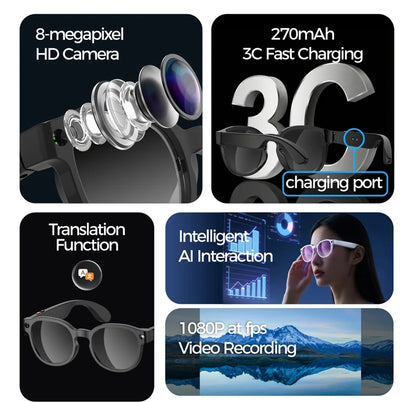 Zwart Lenovo Smart Glasses met 4K Ultra HD display en Pixel HD camera, voorzien van AI-functionaliteit en kleurveranderende lenzen bij lichtexpositie,