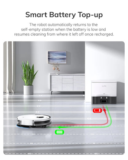 De witte ILIFE robotstofzuiger met zwart accent en app-geconnecteerde functie, klaar voor automatische vloerreiniging in huishoudens. Geschikt voor da