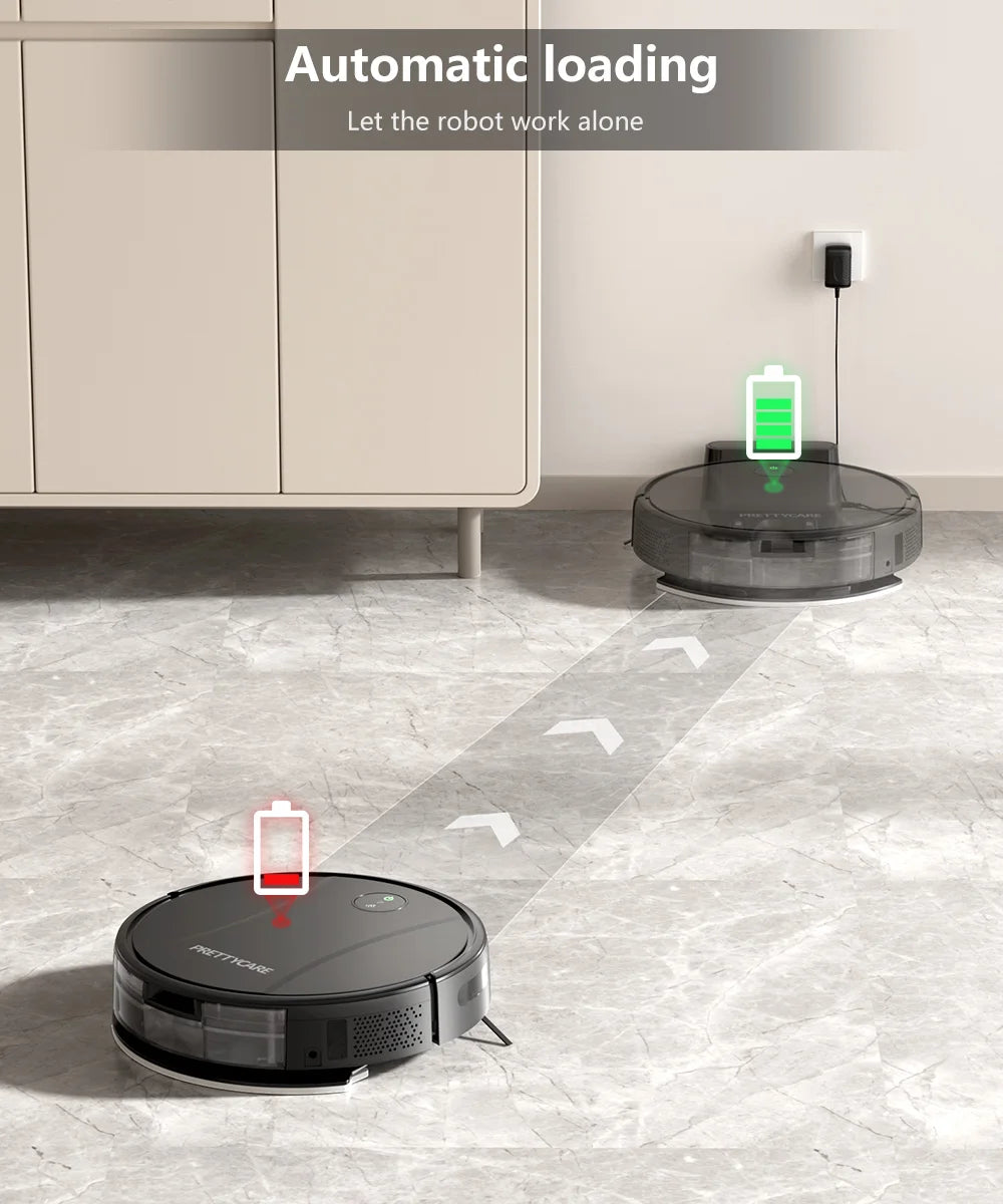 Zwart, ronde robotstofzuiger van het merk PRETTYCARE met actieve LED-indicatie, geïntegreerd met smartphone-app en afzonderlijke stofzuigkop voor effi