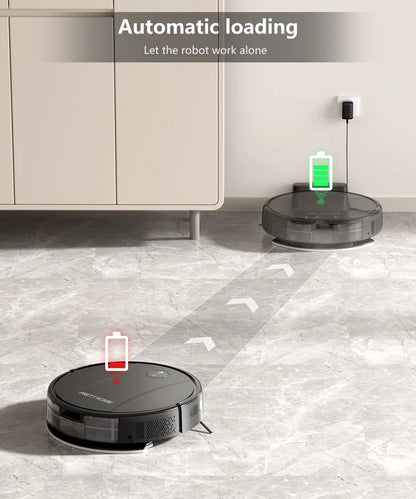 Zwart, ronde robotstofzuiger van het merk PRETTYCARE met actieve LED-indicatie, geïntegreerd met smartphone-app en afzonderlijke stofzuigkop voor effi