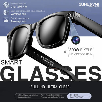 Zwart Google Glass met HD-camera en AI-functionaliteit, weergegeven met kleurrijke lensreflecties. Geschikt voor video-opnames en foto’s tijdens reize