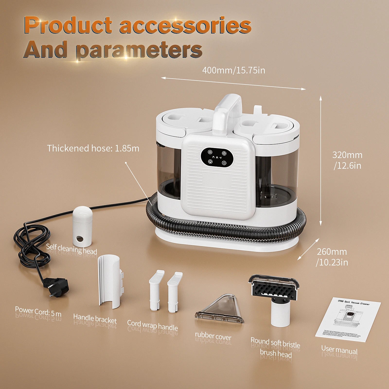 De witte Omeser stoomreiniger met zwarte slang en transparante waterreservoir, uitgerust met diverse accessoires voor efficiënte stofzuiging en stoomr