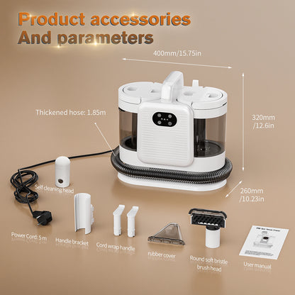 De witte Omeser stoomreiniger met zwarte slang en transparante waterreservoir, uitgerust met diverse accessoires voor efficiënte stofzuiging en stoomr