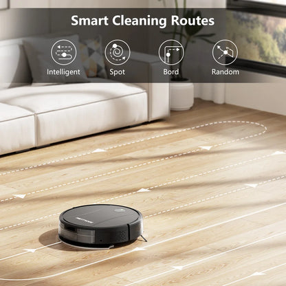 Zwart, ronde robotstofzuiger van het merk PRETTYCARE met actieve LED-indicatie, geïntegreerd met smartphone-app en afzonderlijke stofzuigkop voor effi