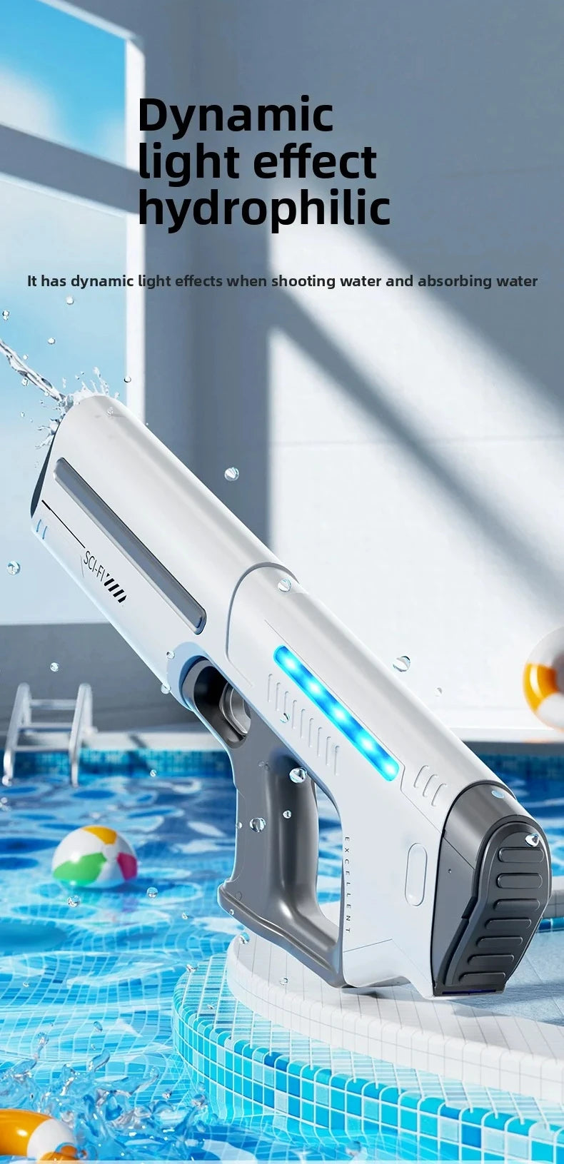 Een witte elektrische waterpistool met blauwe LED-verlichting, vastgehouden door een jonge vrouw in denim. Geschikt voor speelplekken en zomerfeesten,