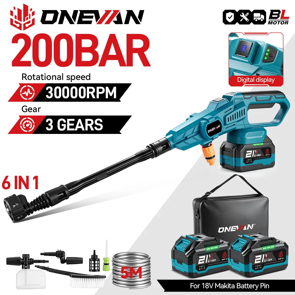 Een blauwe ONEVAN 200BAR draadloze stroomreiniger met 3 versnellingen en digitale display, inclusief 21V lithium-batterijen, accessoires en 5 meter sl