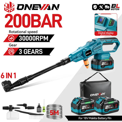 Een blauwe ONEVAN 200BAR draadloze stroomreiniger met 3 versnellingen en digitale display, inclusief 21V lithium-batterijen, accessoires en 5 meter sl