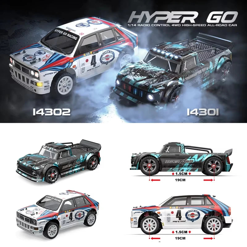 Een witte 1:14 schaalmodel rallyauto met blauwe en rode strepen, 4x4 aandrijving en een supermotor, geschikt voor racetracks en speelpleinen. Geschikt