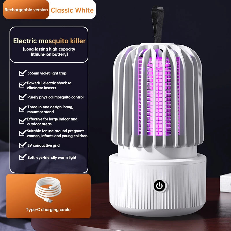 Zwart Xiaomi elektrische muggenkiller met paarse UV-lamp en draadloze hanghaak, ontworpen voor binnen- en buitengebruik. Effectief bij nachtelijke mug