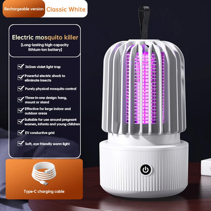 Zwart Xiaomi elektrische muggenkiller met paarse UV-lamp en draadloze hanghaak, ontworpen voor binnen- en buitengebruik. Effectief bij nachtelijke mug