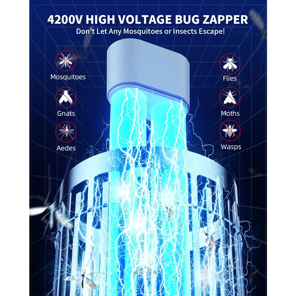 Minimoon buiteninsectenkiller met blauwe LED-verlichting en zichtbare elektrische schokken, geschikt voor tuin of terras. Zwart metaallichaam met zich