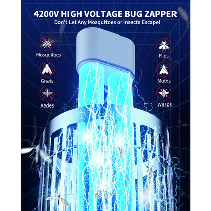 Minimoon buiteninsectenkiller met blauwe LED-verlichting en zichtbare elektrische schokken, geschikt voor tuin of terras. Zwart metaallichaam met zich
