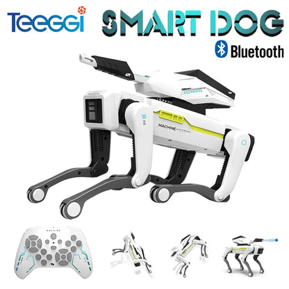 De witte 2.4G RC Smart Dog met groene accenten en zwarte poten, uitgerust met Bluetooth en een afstandsbediening, is een interactief speelgoed voor ki