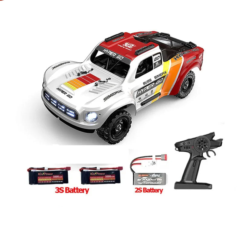 Rood-wit racepick-up met blauwe LED-lichten en zwarte banden, uitgerust met 3S en 2S batterijen en zwarte stuurcontroller, geschikt voor speelplein of