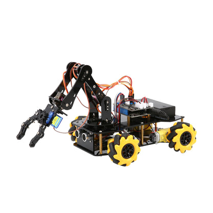 Een zwarte robotauto met gele Mecanumwielen en een robuust mechanisch armstelsel, bedienbaar via smartphone of computer voor educatieve programmeerpro