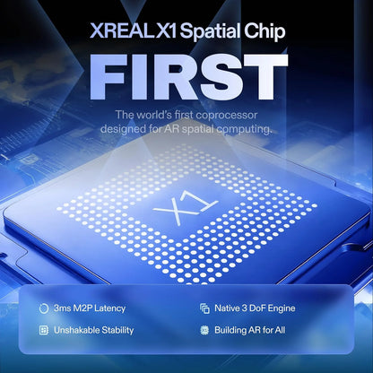 De Xreal 1S 3D-bril heeft een glanzend donkerblauw frame met zichtbare zonnebrilglazen en een transparante constructie. Geschikt voor virtuele realite