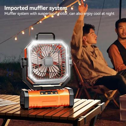 Oranje noodstroomvoorziening met USB-C-aansluitingen, bedoeld voor outdoor-gebruik. Zichtbaar op houten tafel met laptop en smartphone, geschikt voor 