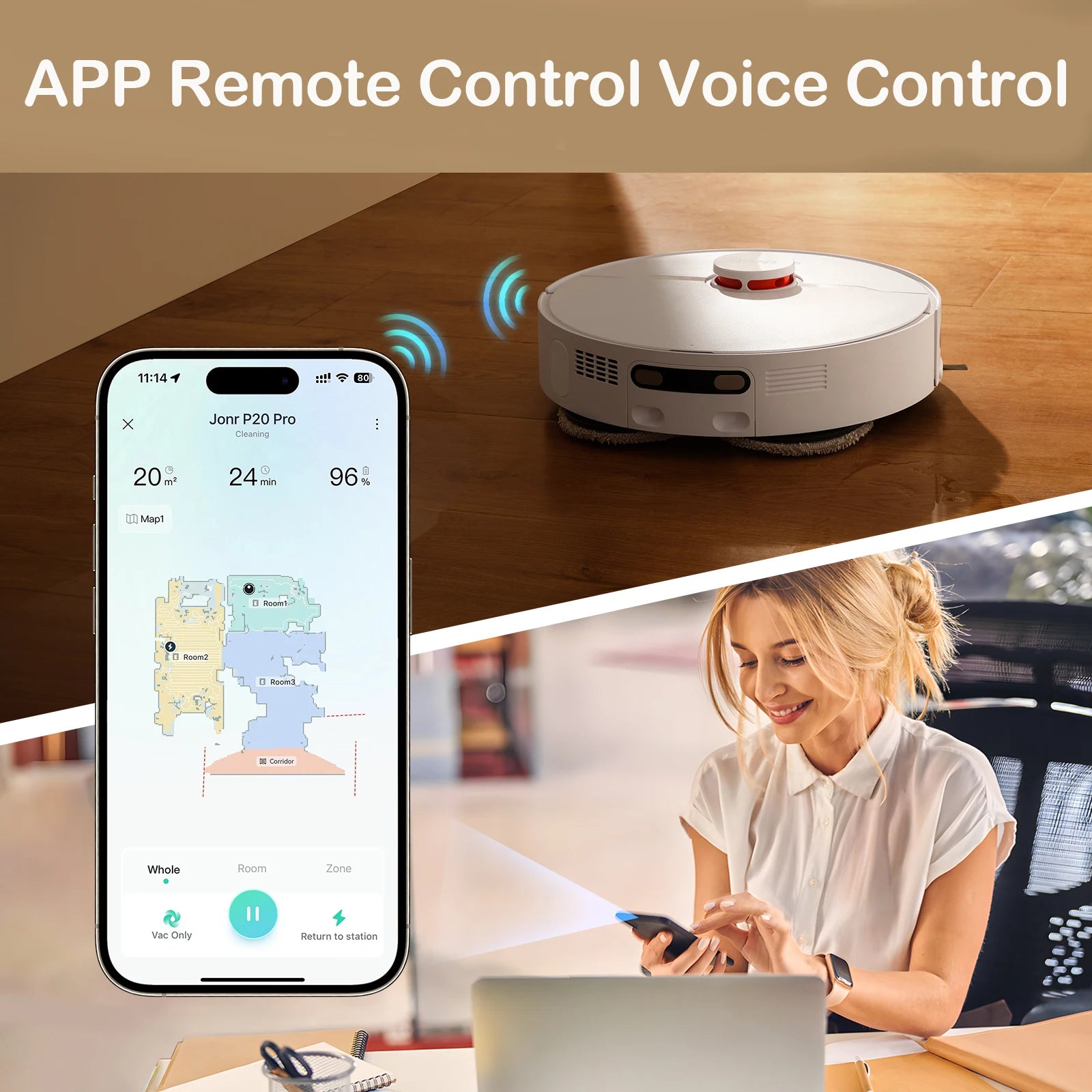 De JONR P20 Pro robotstofzuiger met witte, moderne design en transparante onderkant, naast zijn laadstation en smartphone-app voor slimme huishoudelij