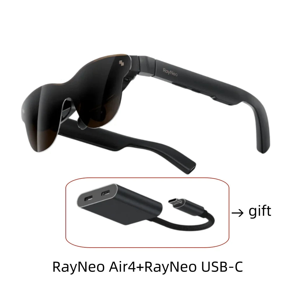 Zwart RayNeo Air 4 smartbril met donkere glazen en USB-C kabel, geschikt voor sportieve gebruikers. Geleverd met een USB-C oplader als cadeau voor spo