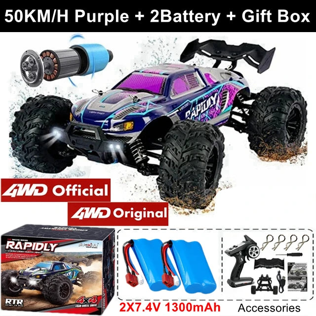 Zwart en roze RC monstertruck met grote, modderige banden en blauwe LED-verlichting, in actie op een zandige terreinbaan. Geschikt voor extreme terrei