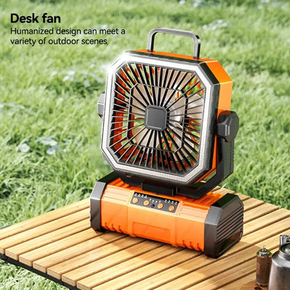 Oranje noodstroomvoorziening met USB-C-aansluitingen, bedoeld voor outdoor-gebruik. Zichtbaar op houten tafel met laptop en smartphone, geschikt voor 