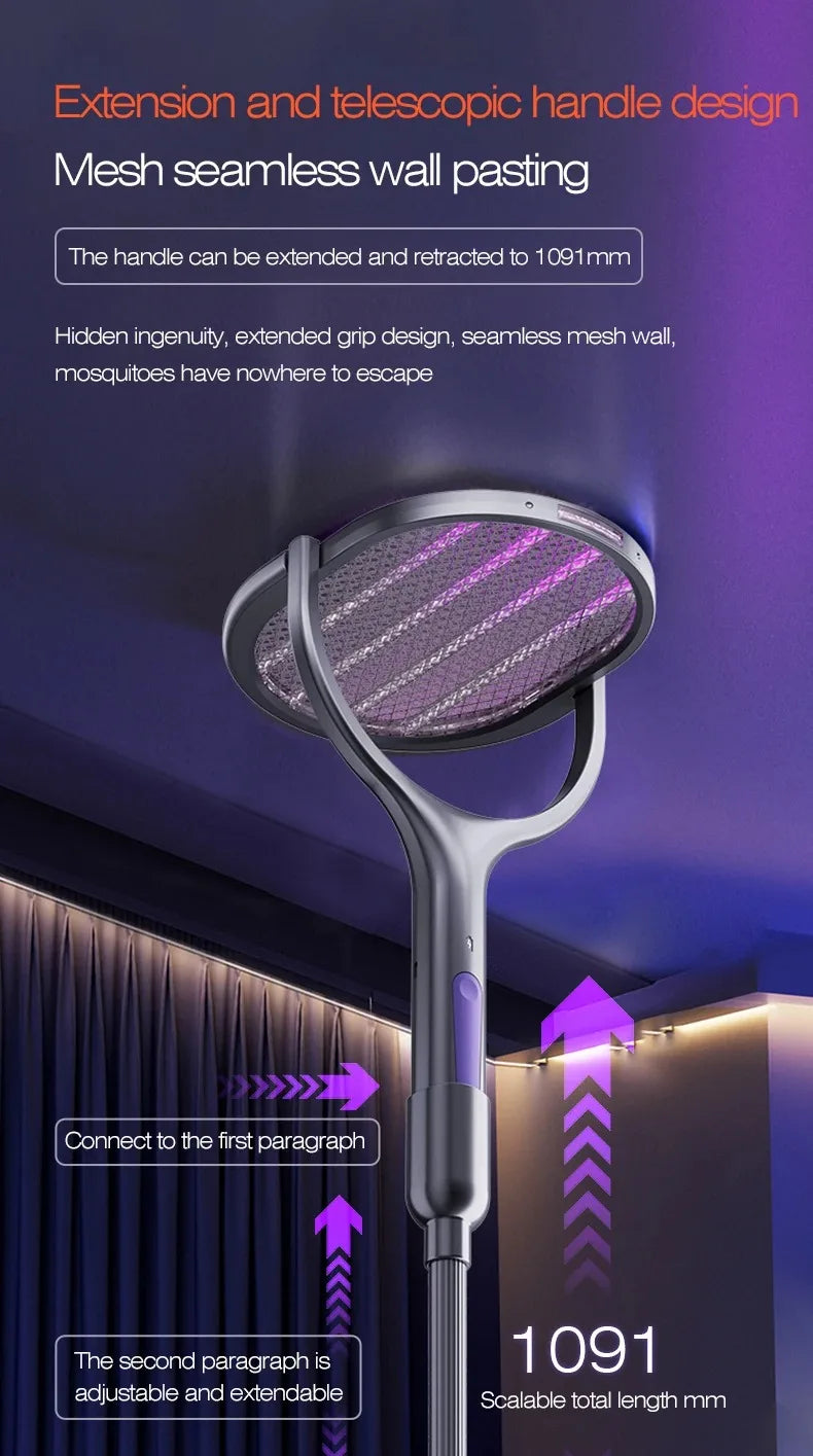 Zilverkleurige, opvouwbare insectensteker met paarse UV-verlichting en 180° draaibare mesh, geschikt voor muurmontage en nachtgebruik in slaapkamers o