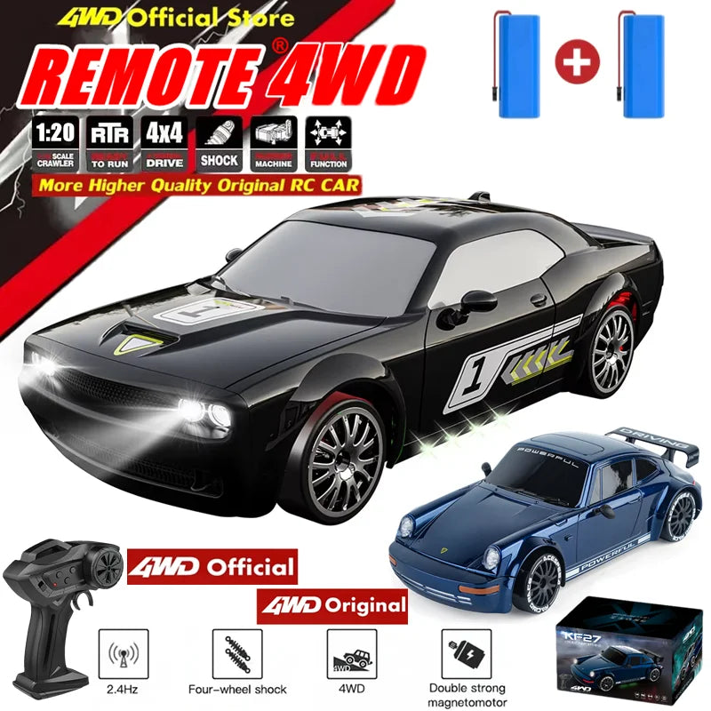 Zwart 4WD RC-raceauto met glanzende lak, zichtbare schokdempers en nummer 1 op de zijkant, inclusief blauwe batterijen en afstandsbediening voor speel