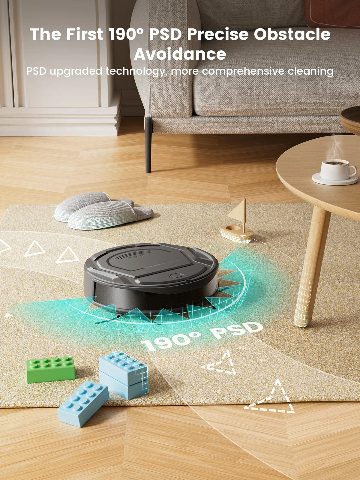 Zwart Lefant M210 Pro+ robotstofzuiger met glanzend oppervlak en blauwe power-indicator, uitgerust voor slimme huishoudelijke reiniging via app of sma