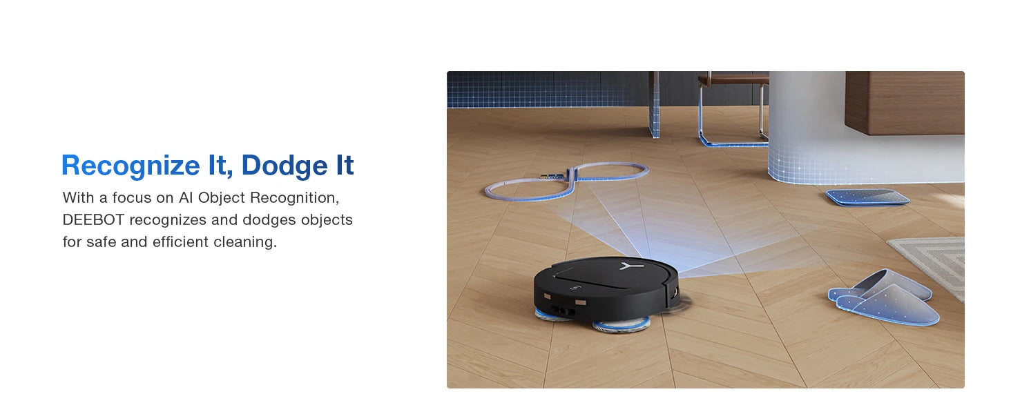 De Ecovacs robotstofzuiger met zwart glanzend ontwerp en blauwe mop, klaar voor automatische vloerreiniging. Geïntegreerd systeem voor efficiënte stof