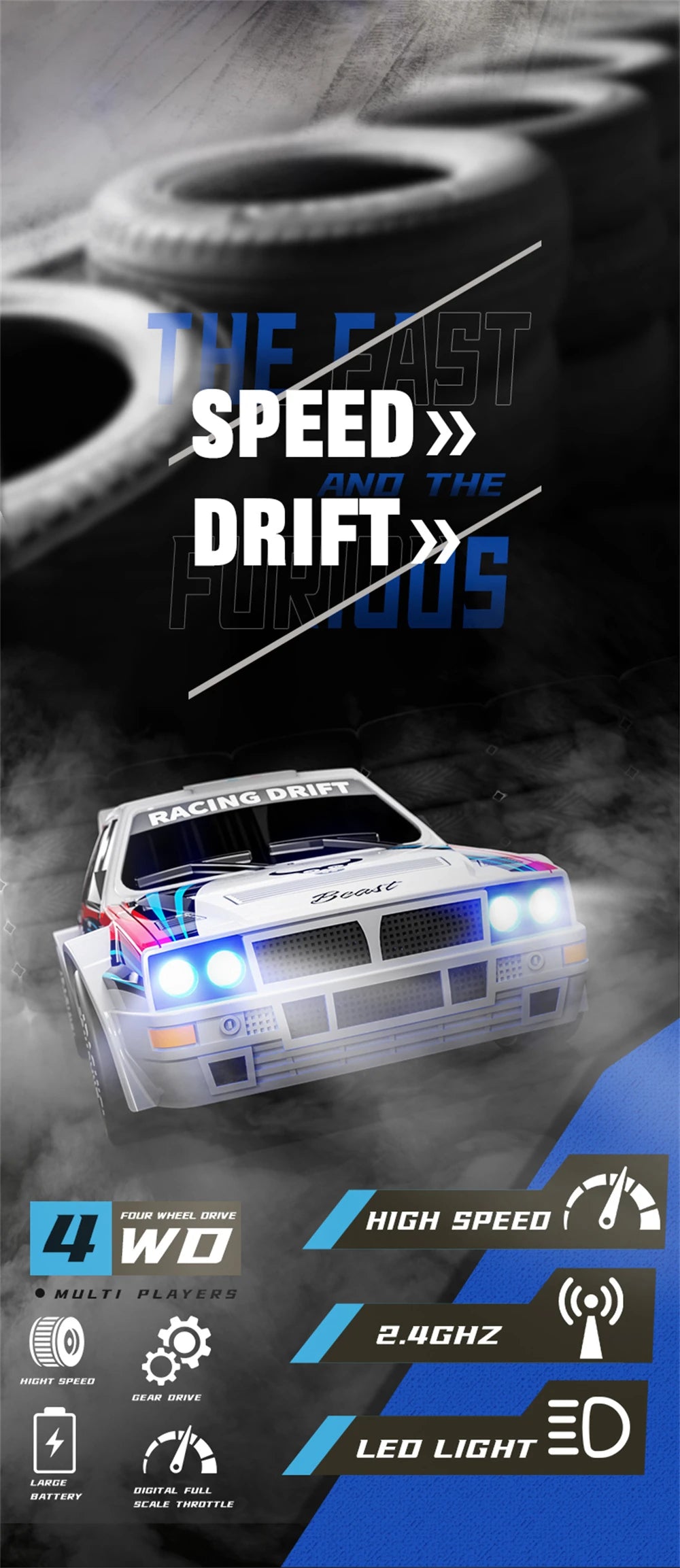 Een witte RC-rallyauto met rode en blauwe strepen, zwarte wielen en blauwe LED-verlichting, klaar voor drift- en race-activiteiten. Inclusief stuur, e