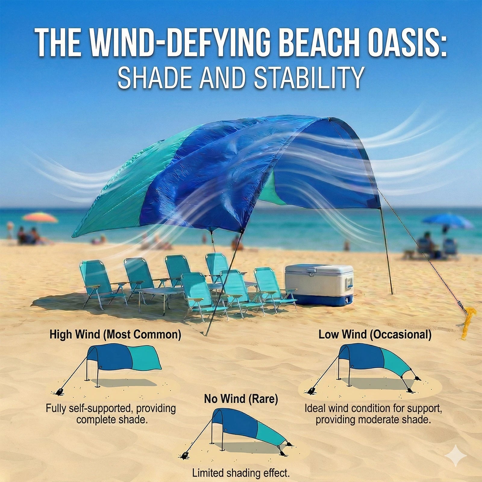 Een windbestendige strandparasol in blauw en turkoois, met een opvallende boogvorm en zichtbare stokken, biedt schaduw voor vier ligstoelen en een koe