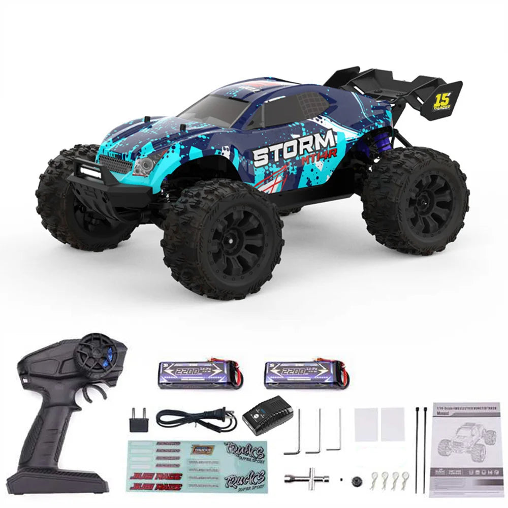 Blauwe JIUSI MT14R 1/14 RC-raceauto met oranje en witte accenten, grote zwarte banden en achtervleugel, geschikt voor speelgoedraces en buitenactivite