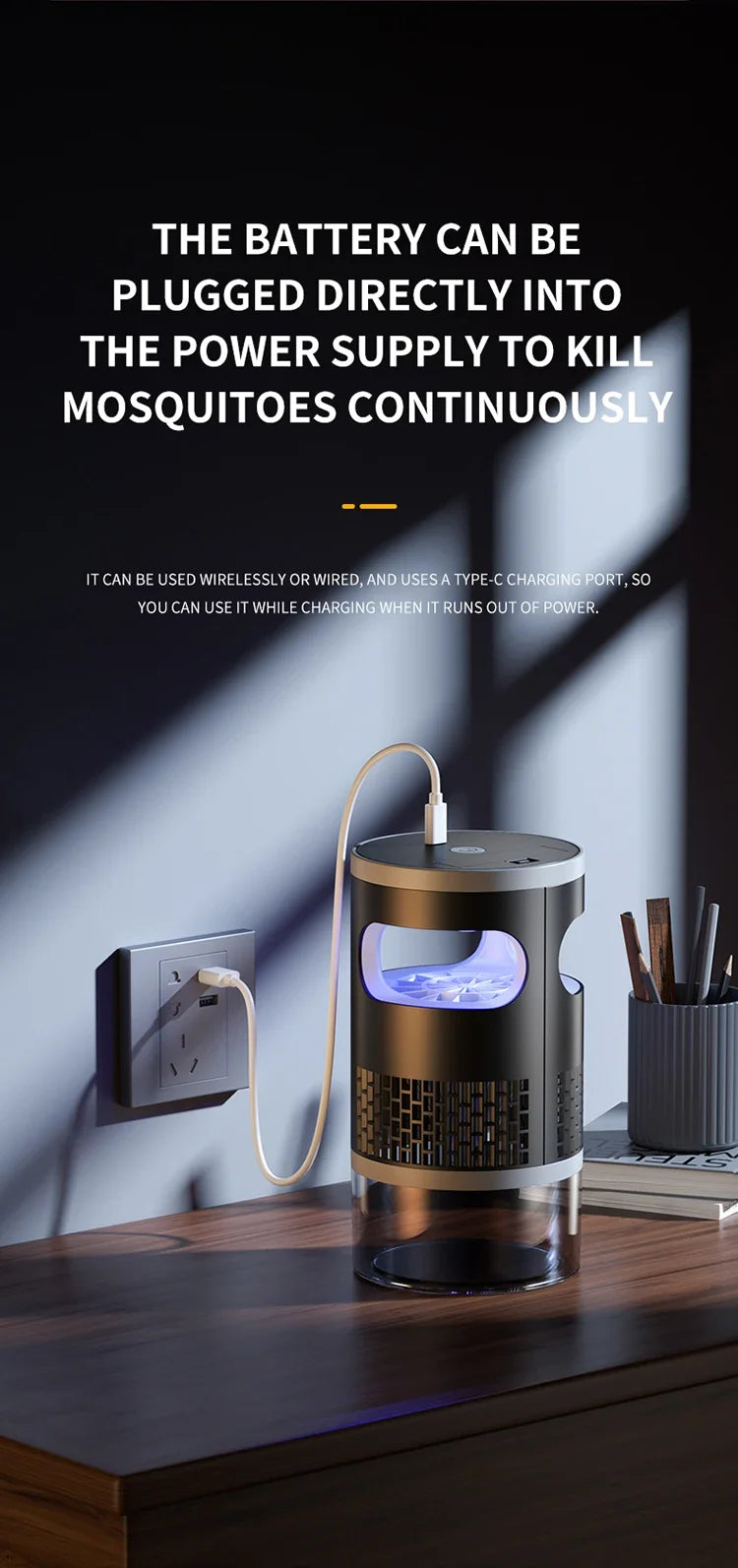 Lenovo Mosquito Killer met blauwe UV-verlichting, zichtbaar op houten tafel. Zilverkleurig, met verwijderbare batterij, geschikt voor slaap- en kinder