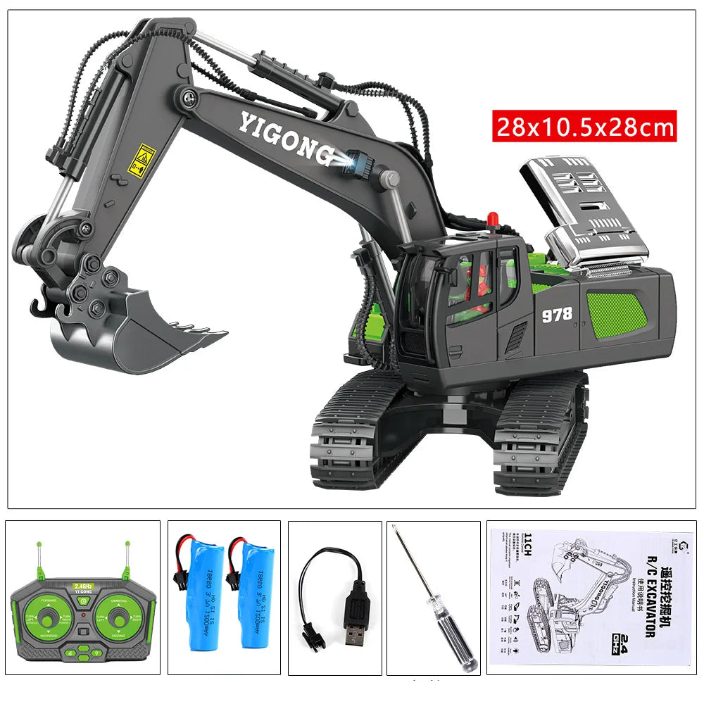 Grote gele, graafmachine en bulldozer op zand, met een hand die de afstandsbediening bedient voor kinderen. Perfect voor speelplein of bouwprojecten. 