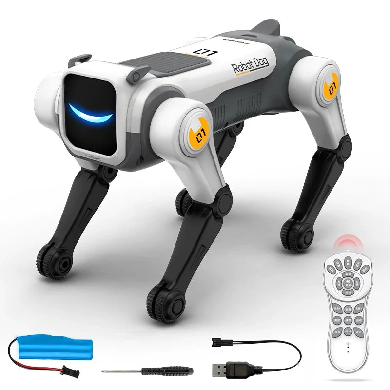 Robotdog met witte en zwarte kunststofconstructie, blauwe LED-ogen en gele knoppen, inclusief afstandsbediening, USB-kabel en blauwe batterij voor spe