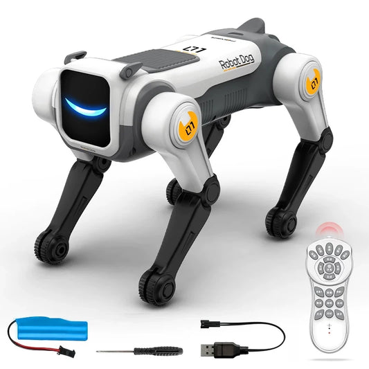 Robotdog met witte en zwarte kunststofconstructie, blauwe LED-ogen en gele knoppen, inclusief afstandsbediening, USB-kabel en blauwe batterij voor spe
