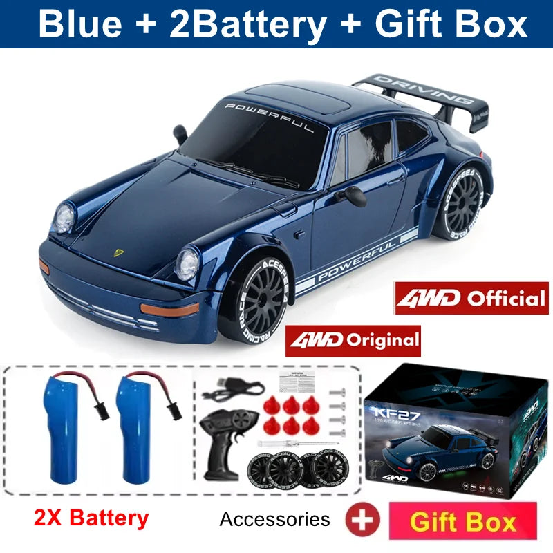 Zwart 4WD RC-raceauto met glanzende lak, zichtbare schokdempers en nummer 1 op de zijkant, uitgerust met 2.4GHz-ontvanger en vierwielaandrijving voor 