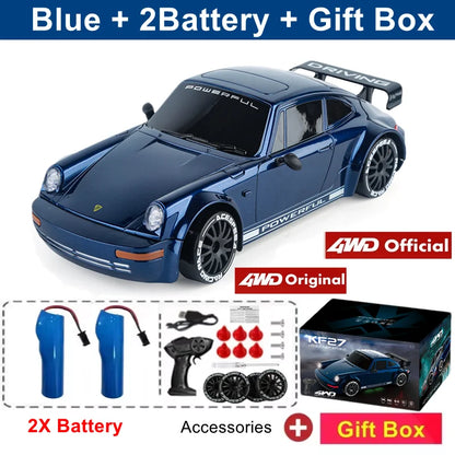 Zwart 4WD RC-raceauto met glanzende lak, zichtbare schokdempers en nummer 1 op de zijkant, uitgerust met 2.4GHz-ontvanger en vierwielaandrijving voor 