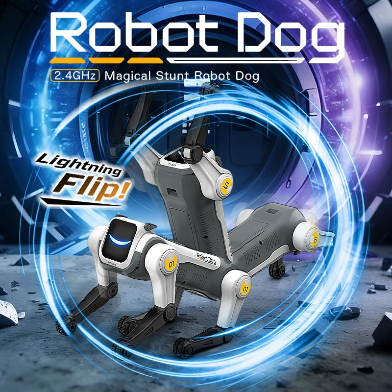Robotdog met witte en zwarte kunststofconstructie, blauwe LED-ogen en geel gemarkeerde pootkappen. Inclusief afstandsbediening, USB-kabel en blauwe ba