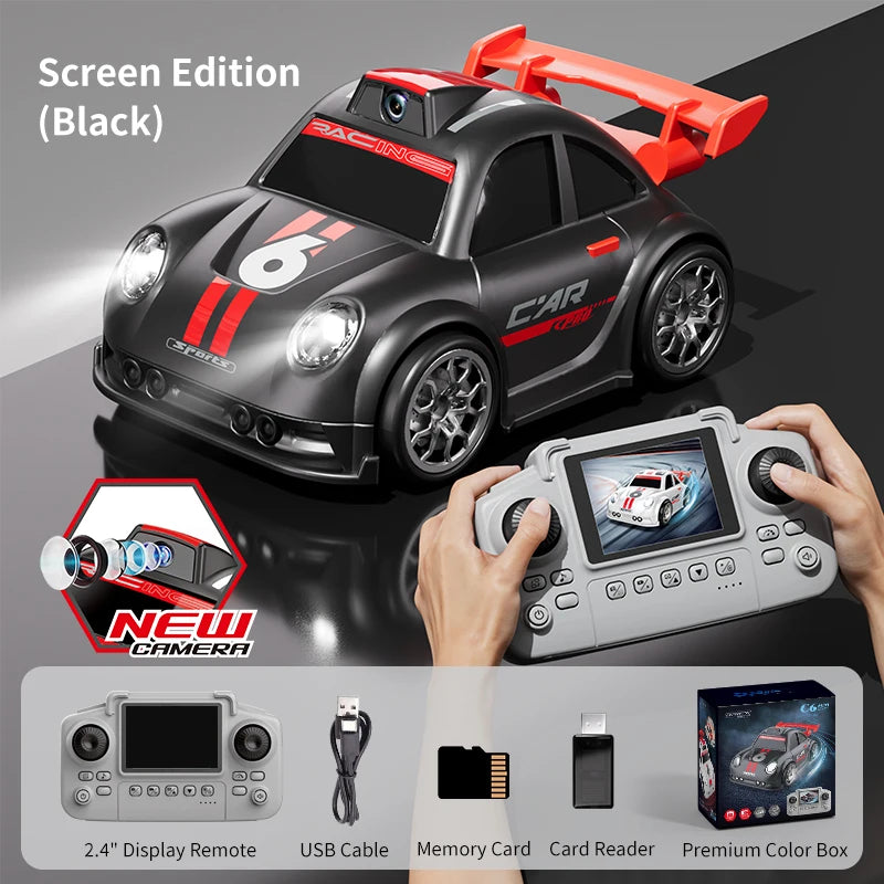 Zwart en witte raceauto’s met HD-camera’s voor live-uitzending, gestuurd via een draadloze controller met scherm. Perfect voor kinderen die racen en s