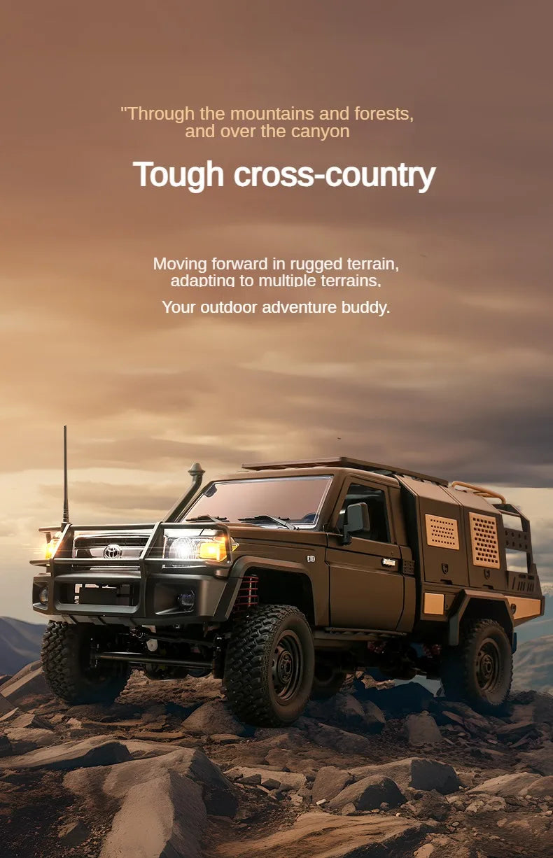 De ZWN MN82S 1:12 RC Toyota Land Cruiser in bruin, met grote off-road banden en een metalen bumper, staat op rotsen. Officieel licentieproduct voor mo