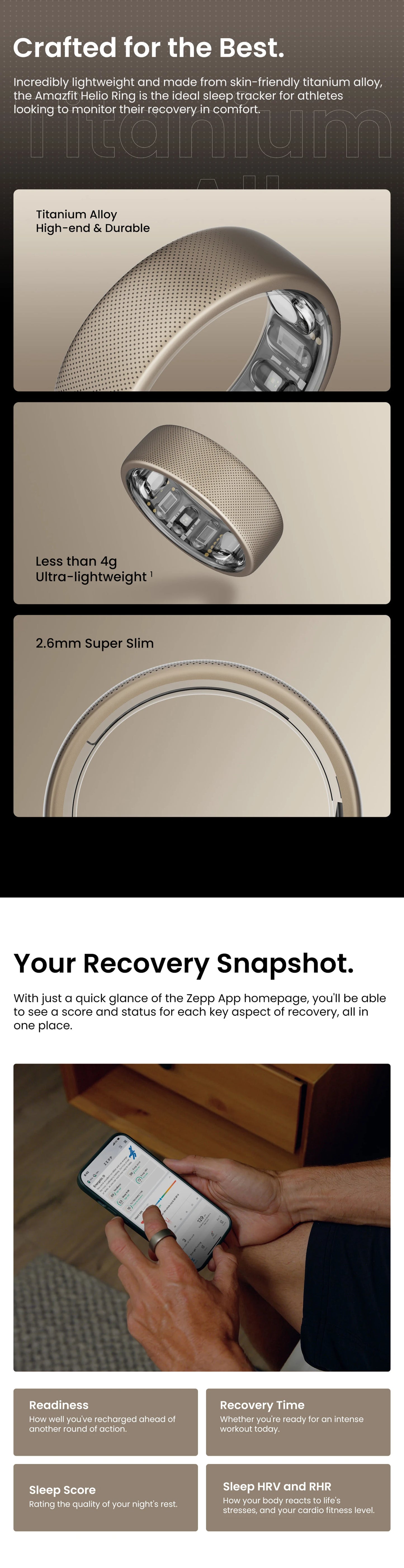 Amazfit Helio Ring in goudkleur met perforatie en zichtbare sensorcomponenten, een ultra-slimme, waterbestendige fitnessring voor nauwkeurig slapen en sportmonitoren. - Foto 10