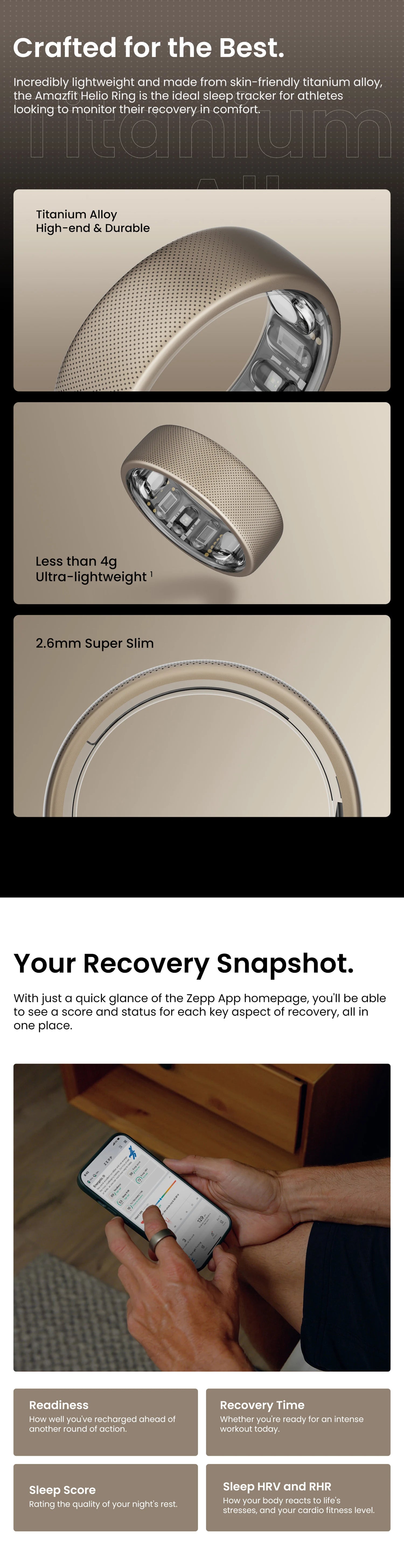 Amazfit Helio Ring in goudkleur met perforatie en zichtbare sensorcomponenten, een ultra-slimme, waterbestendige fitnessring voor nauwkeurig slapen en sportmonitoren. - Foto 10