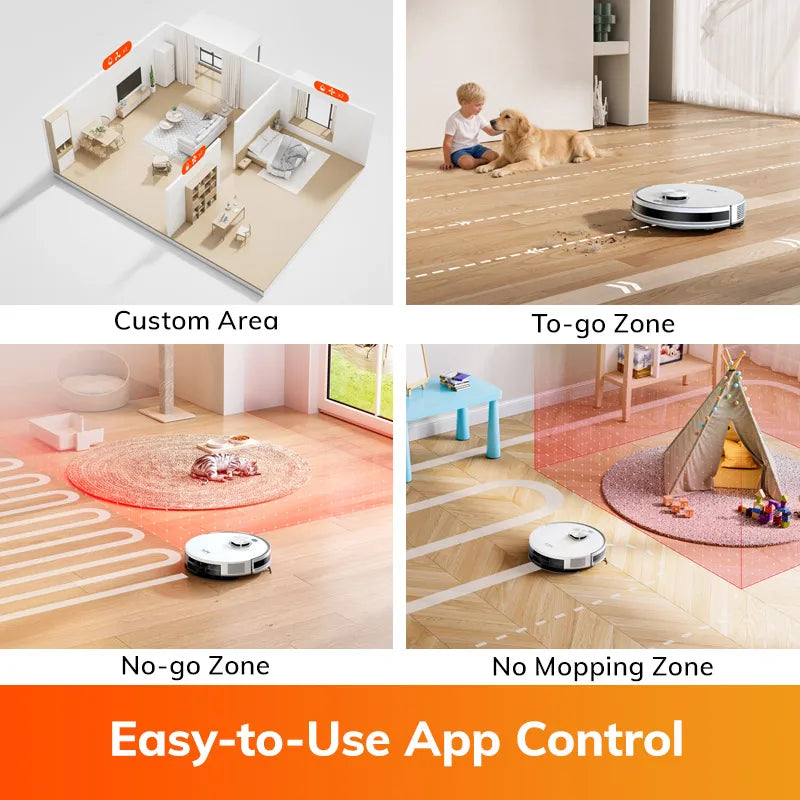 De witte ILIFE robotstofzuiger met zilveren details en app-verbinding voor slimme huishoudelijke reiniging. Zichtbaar met mobiele app-interface en 2-j