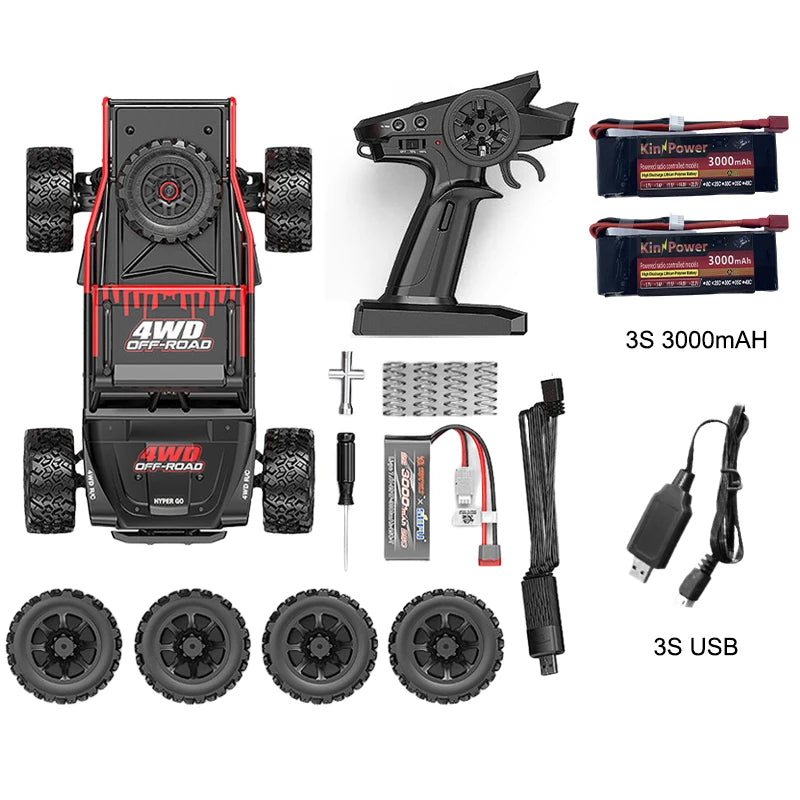 Een rood-zwarte 4WD off-road RC-raceauto met grote knipperende koplampen en zwarte rubberen banden, geleverd met een zwarte stuurunit en 2S/25C 3S bat