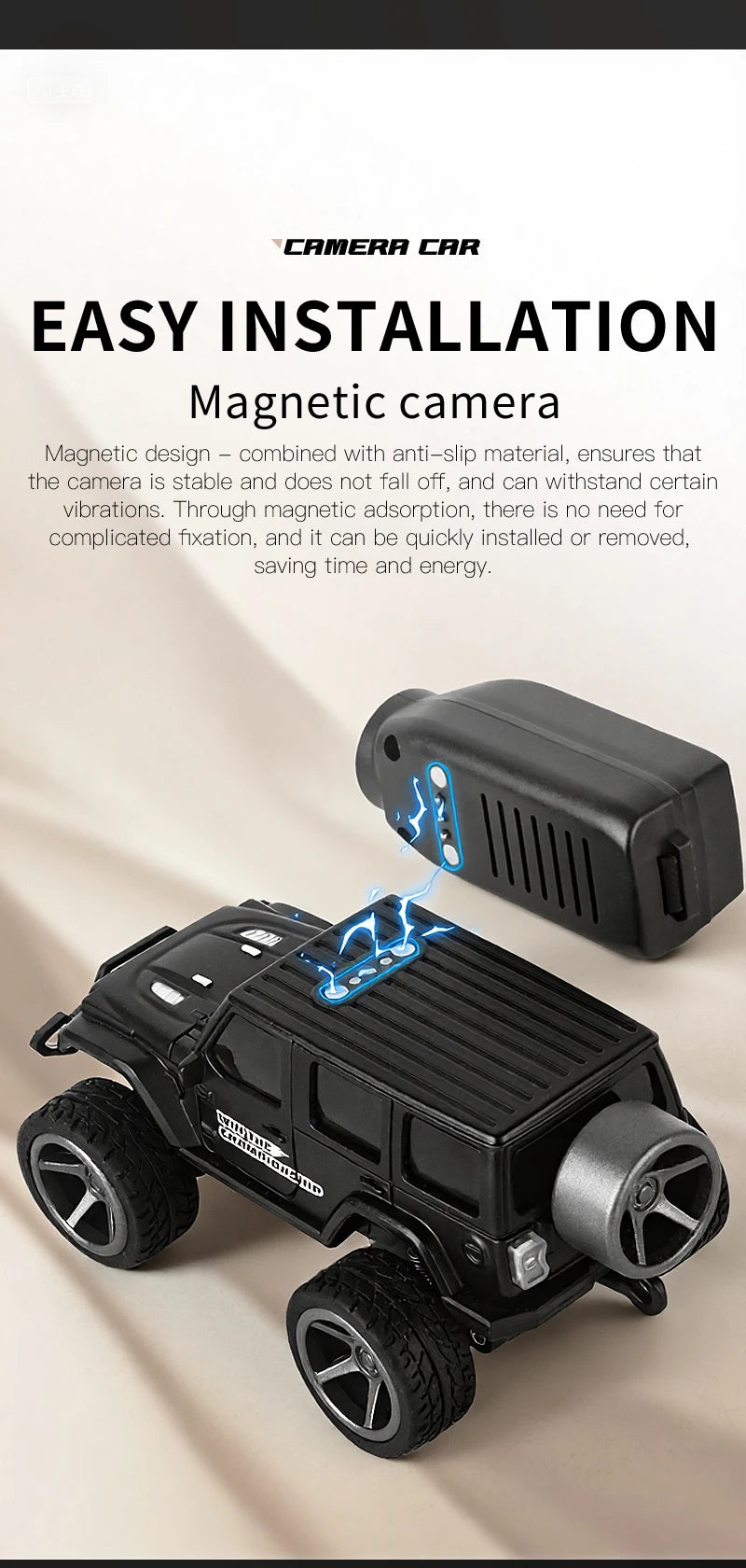 Zwart 1:64 mini klimautomaat met magnetische camera, geschikt voor indoor- en outdoor-avonturen. Zichtbaar app-controle en remote control voor speelpl