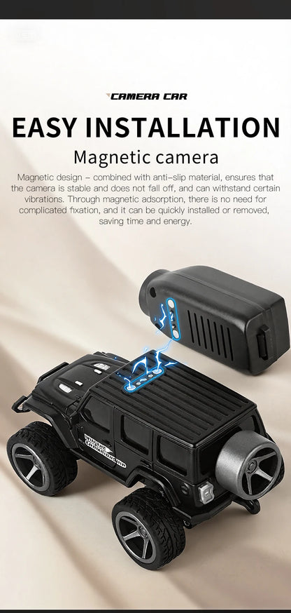 Zwart 1:64 mini klimautomaat met magnetische camera, geschikt voor indoor- en outdoor-avonturen. Zichtbaar app-controle en remote control voor speelpl