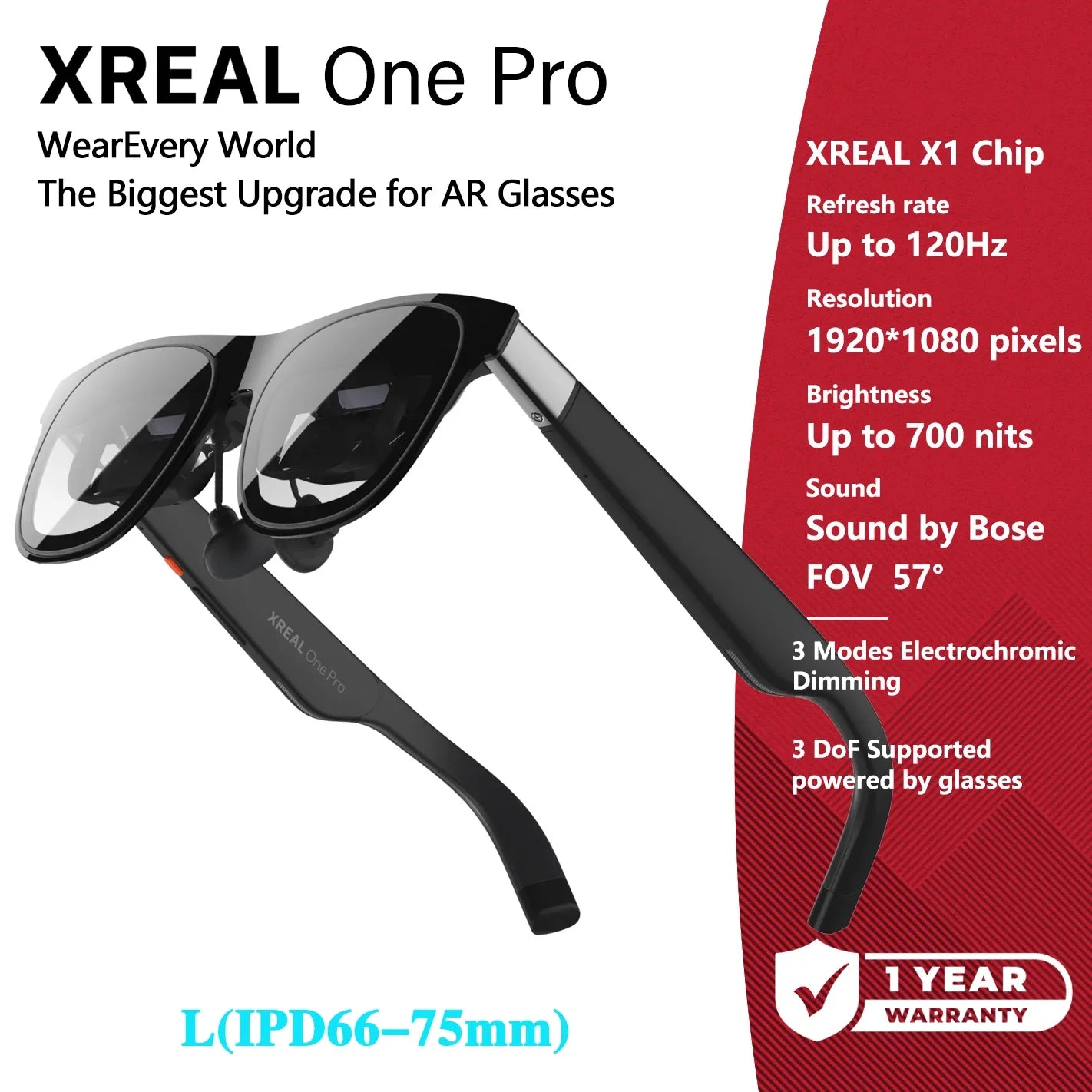 Zwarte XREAL One Pro smartbril met glanzende zilveren accenten en blauwe reflecties, geschikt voor AR-ervaringen. Authentieke, globale versie van de 3