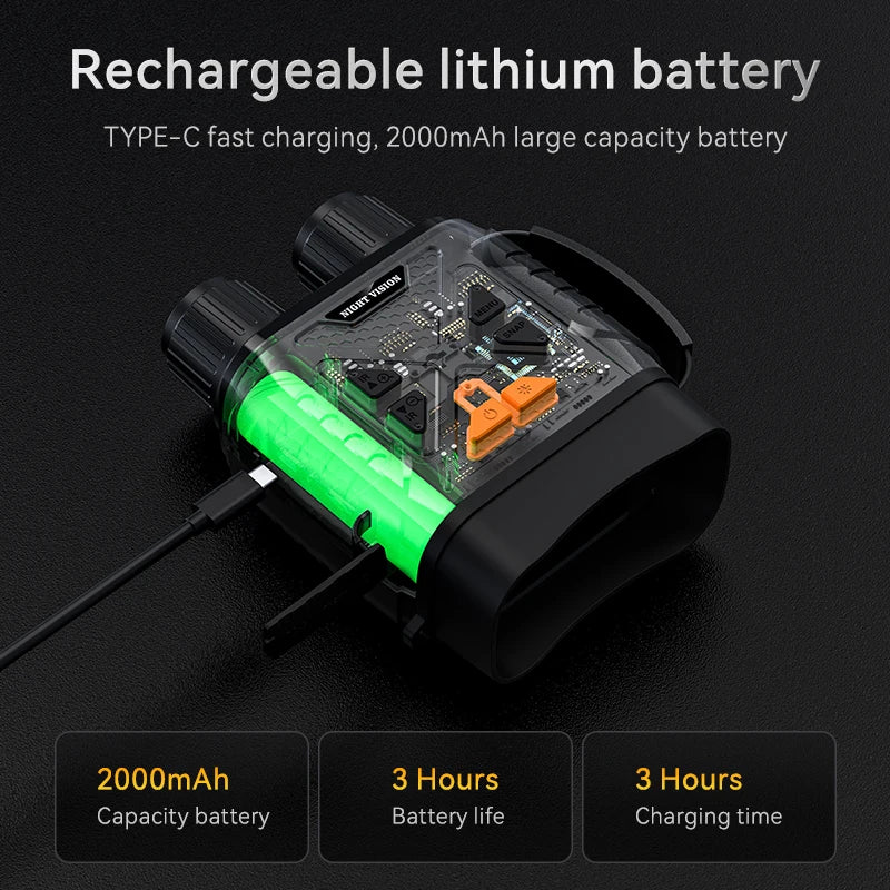 Zwarte nachtzichtverrekijker met 3W, 850NM infraroodverlichting, toont duidelijk herten in bos. Inclusief USB-kabel, draagriem en compacte variant voo