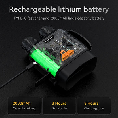 Zwarte nachtzichtverrekijker met 3W, 850NM infraroodverlichting, toont duidelijk herten in bos. Inclusief USB-kabel, draagriem en compacte variant voo